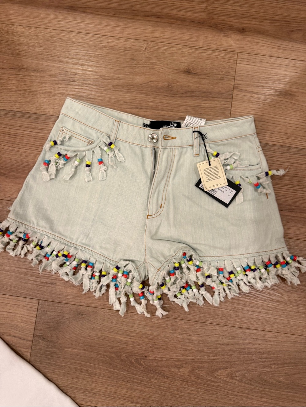 Moschino Light blue Denim Shorts with Multicolor Bead Fringe size 8